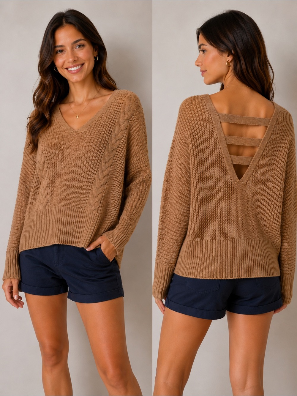 V-Neck Cable Knit Sweater with Strappy Open Back - Brown